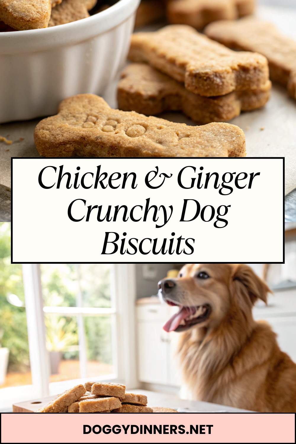 Chicken & Ginger Crunchy Dog BiscuitsOven-baked, crunchy dog biscuits with mild ginger and savory chicken flavor for occasional treating