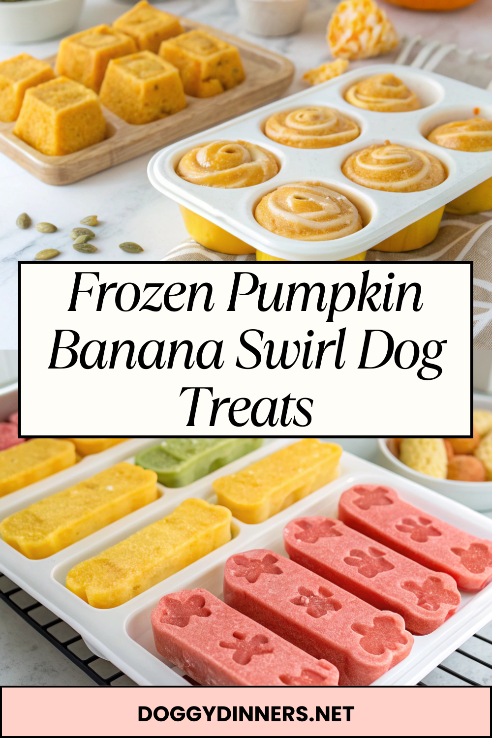 Frozen Pumpkin Banana Swirl Dog TreatsEasy no-bake frozen dog treats with creamy texture and naturally sweet flavors for occasional spoiling